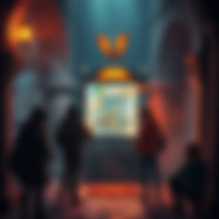 A vending machine set in a fantasy dungeon environment with mystical lighting and stone walls, surrounded by adventurers discussing their next moves.