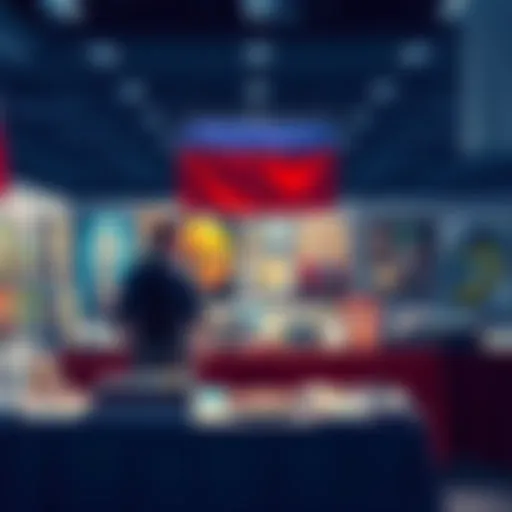 A vendor stands behind a table filled with new artwork, looking disappointed as few customers browse.