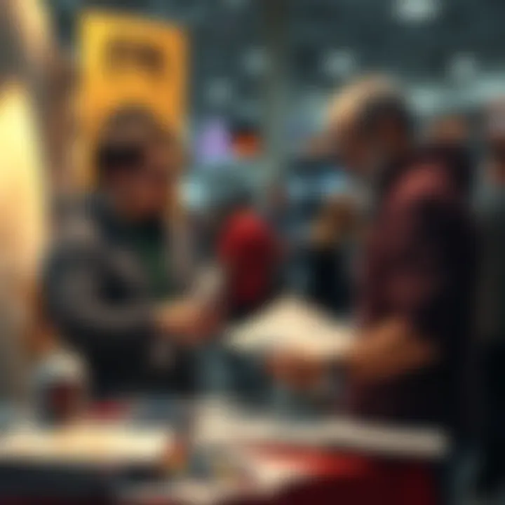 Two anxious vendors discuss their application status for Artist Alley at Fan Expo Boston, surrounded by art supplies and sketches