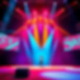A colorful stage with bright lights, showcasing the voice of Hey Ya! while the performer is missing.