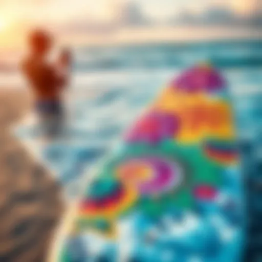 A colorful surfboard with bold patterns attracting attention on the beach