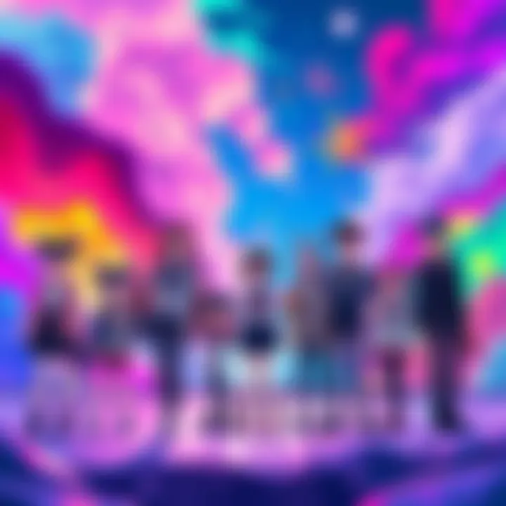 A group of anime characters standing in a bright, colorful scene with unique designs and stunning backgrounds