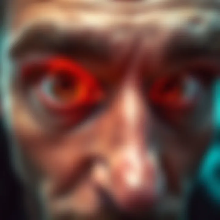 Close-up of vibrant eyes A close-up shot of striking eyes that do not match the expected identity, showing a surprising detail.