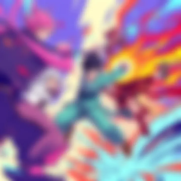 A colorful fight scene from Kashimo, showcasing dynamic characters in action with vivid colors adding energy to the artwork.