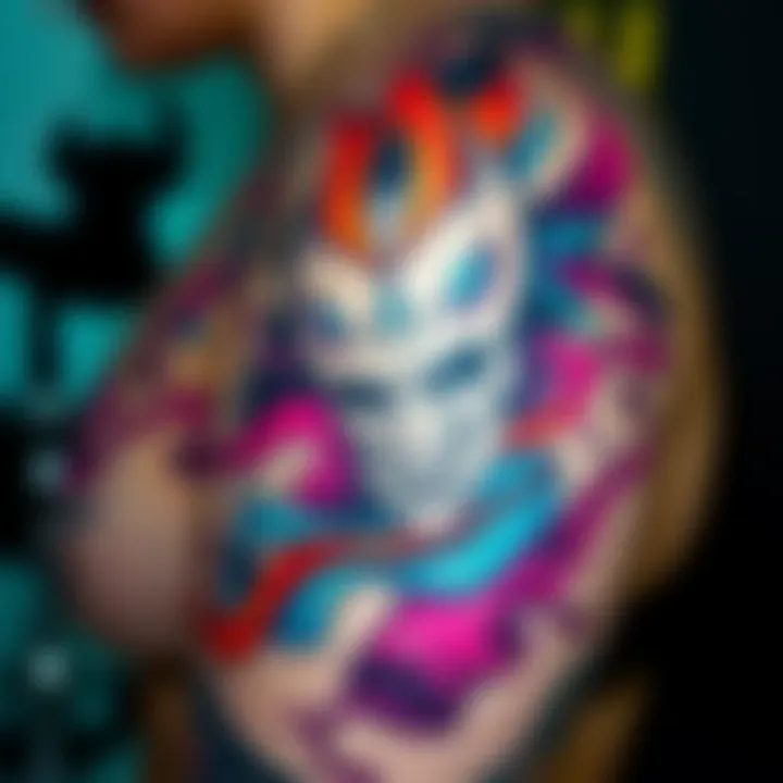 A colorful tattoo inspired by the anime Soul Eater, featuring bold lines and dynamic designs that showcase the anime's unique style.