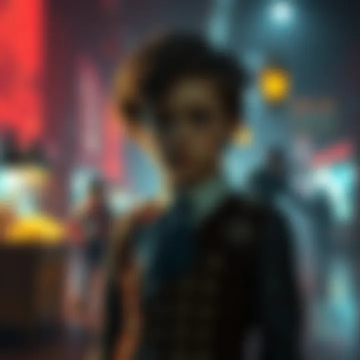 A Victorian child standing confused in a modern game setting, surrounded by intense challenges and bright visuals.