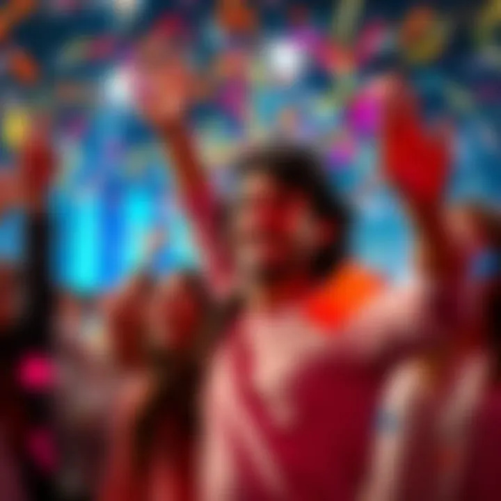 A group of people joyfully celebrating a victory with confetti and smiles.