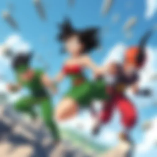 Videl in a battle stance, attempting to fly but experiencing difficulty with drag forces, contrasting her with other Z-Fighters around her.