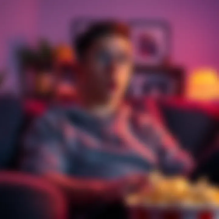 A person watching the show Super, with a surprised expression and popcorn in hand, sitting on a couch in a cozy living room.