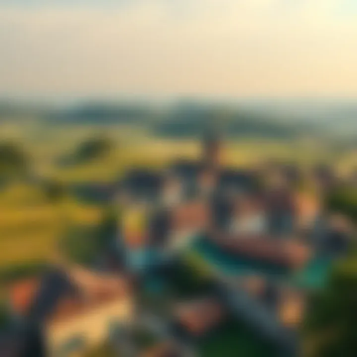 Village Life Outside City Walls A scenic view of a quaint village with traditional houses, surrounded by lush fields and distant hills