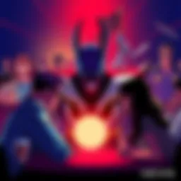 Villain Discussion Fans debating the appeal of a popular villain from recent story arcs, with animated characters in the background.