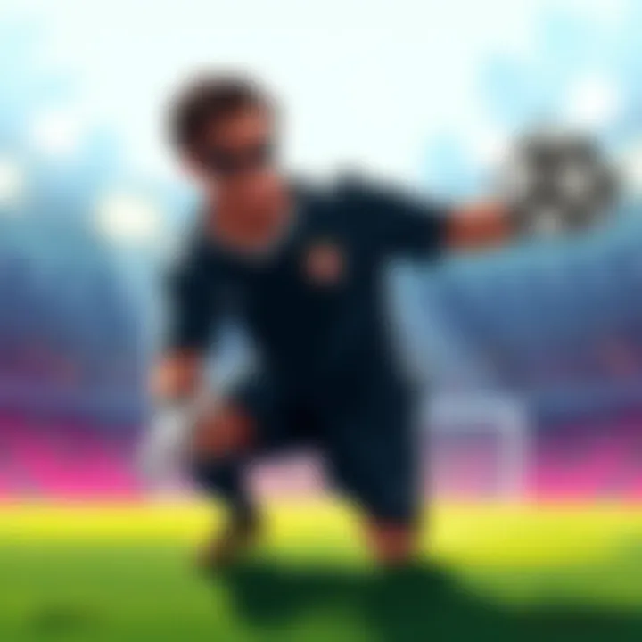 An illustration of a villainous goalkeeper in a dramatic pose, wearing a dark jersey and a menacing expression, ready to stop soccer balls from the all-star teams.