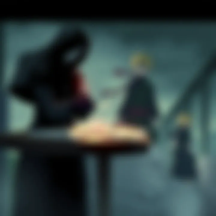 Villain plotting against Naruto A dark figure stands over a table with maps and plans, plotting strategies to defeat Naruto, who is depicted in the background looking determined.