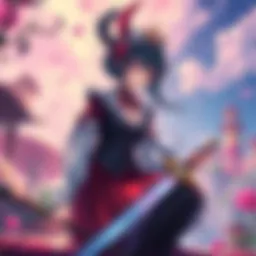 An anime-style villainess character in a vibrant fantasy setting, surrounded by magical elements and familiar landscapes.