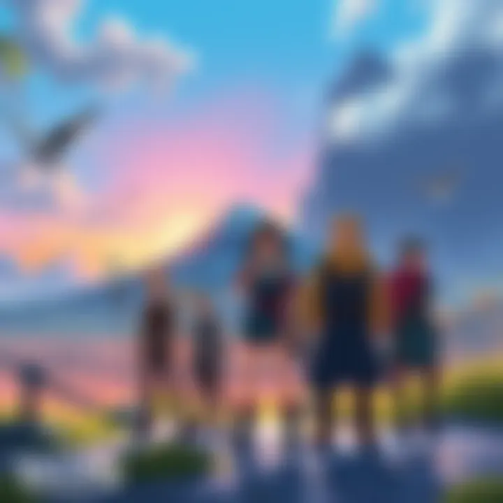 A vibrant illustration of the main characters from Vinland Saga standing against a backdrop representing their homeland, showcasing their journey and connection to heritage.