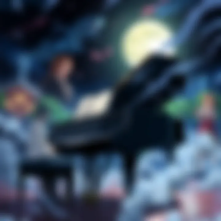 A pianist plays a beautiful melody on a grand piano, with dramatic anime scenes in the background illustrating the contrast between the emotional score and lackluster opening songs.