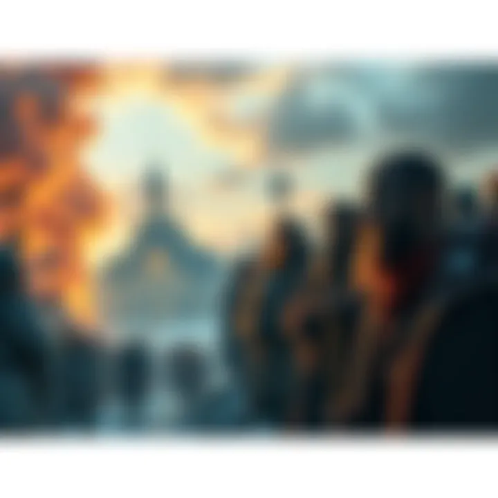A depiction of people in a community facing conflict, with contrasting scenes of harmony and strife in a background resembling Vinland.