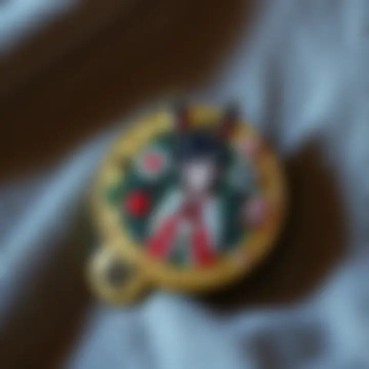 An embroidered pin featuring Chihiro from Studio Ghibli surrounded by various symbols, including one that looks similar to a symbol used by a German regime.