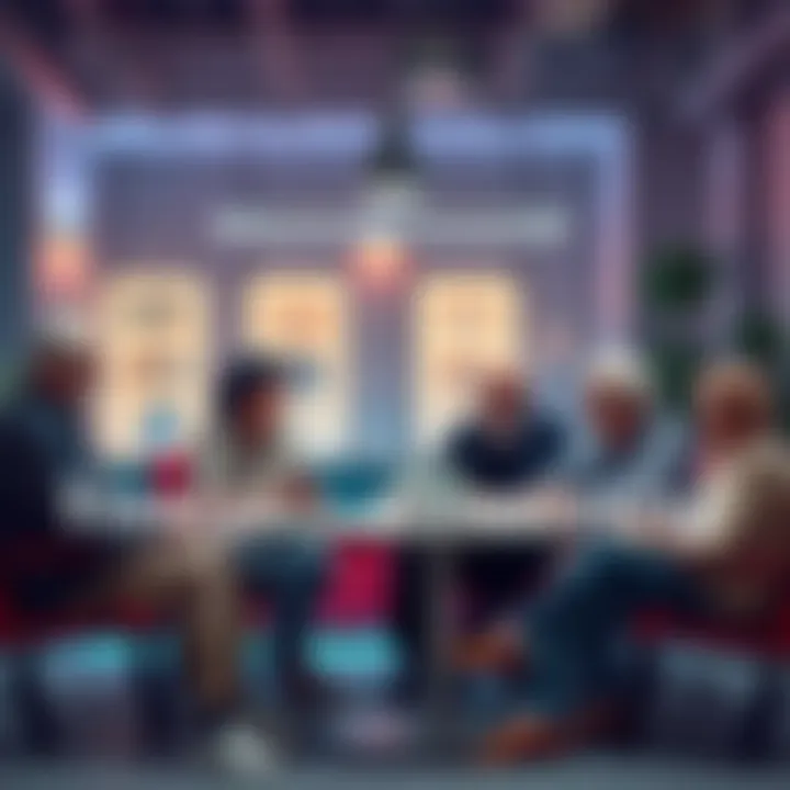 A group of older individuals discussing strategies and ideas related to connectivity and technology in a casual setting.