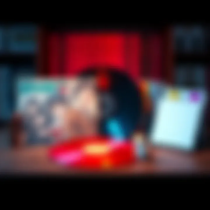 A colorful vinyl record placed next to manga books and a small pet figurine on a wooden table