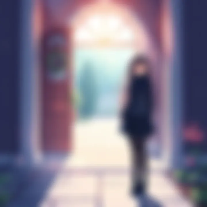 Violet Evergarden stands at her home entrance, eyes filled with emotion as she prepares for reunion with loved ones.