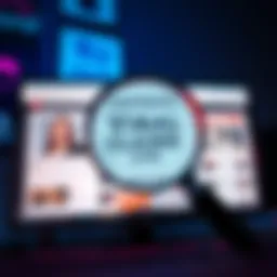 A magnifying glass over a computer screen displaying news articles and social media posts, showing the search for truth in information.