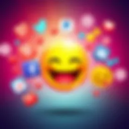 A colorful illustration of a laughing face emoji, symbolizing joy and humor, surrounded by social media icons and reactions.