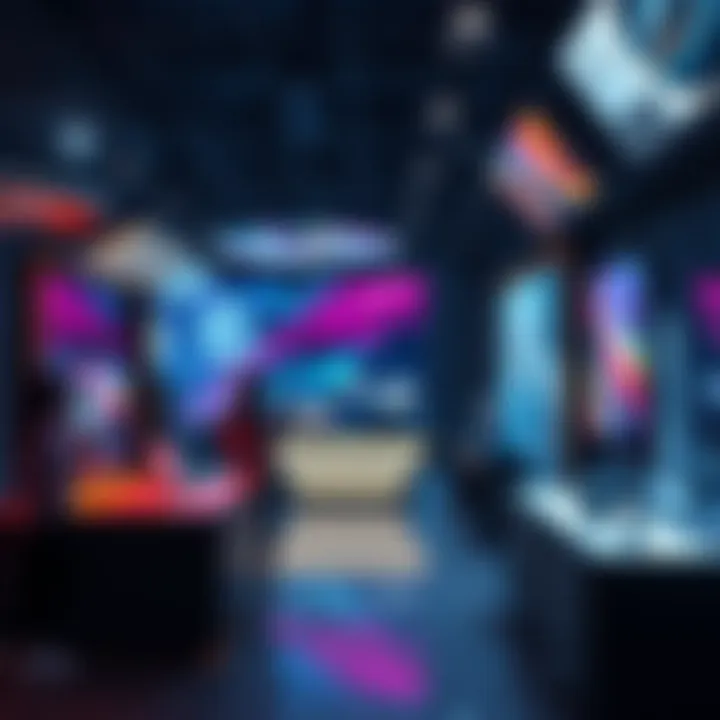 Virtual Tech Stand Concept A digital representation of a virtual tech stand showcasing gadgets and technology, with users interacting through screens.