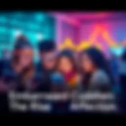 A group of people engaging in virtual affection through devices, smiling as they connect digitally