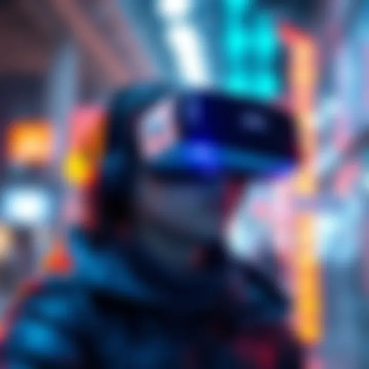 Virtual Reality Interaction A person wearing a virtual reality headset, engaged in an immersive digital experience.