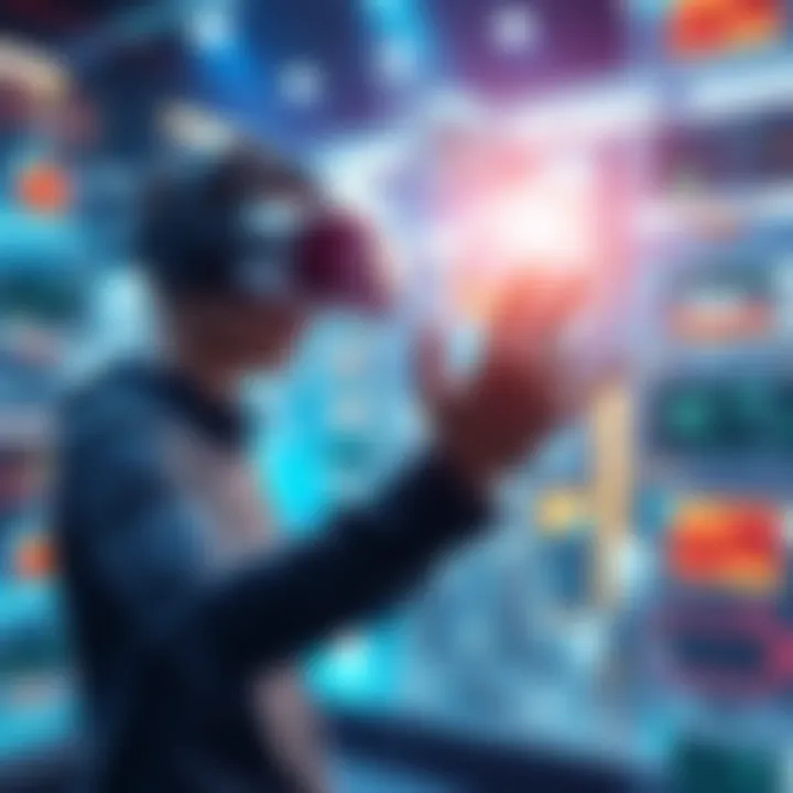 A person wearing a VR headset, reaching out to interact with a digital environment filled with realistic graphics.