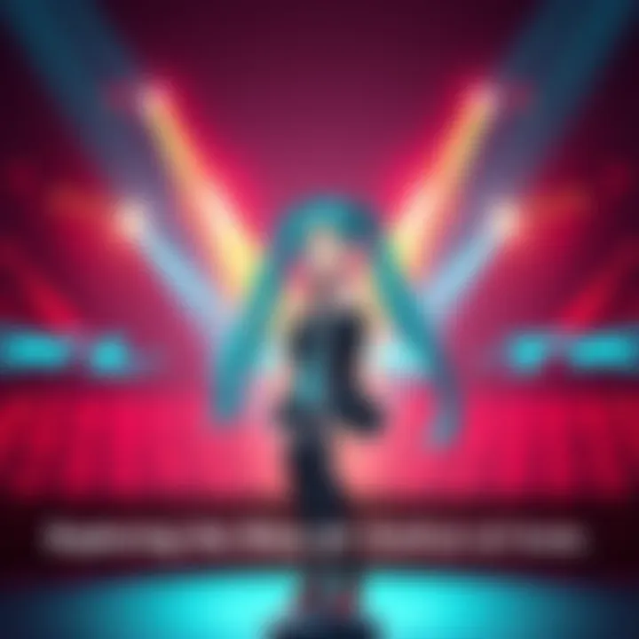 A digital character with turquoise hair singing into a microphone on a vibrant concert stage.