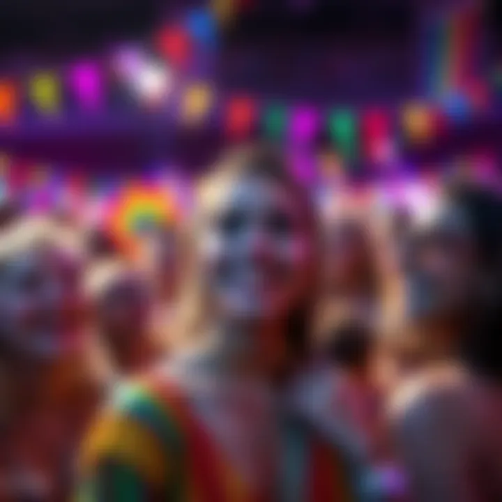 Vivi smiling and surrounded by diverse friends at a vibrant LGBTQ+ event, radiating joy and connection.