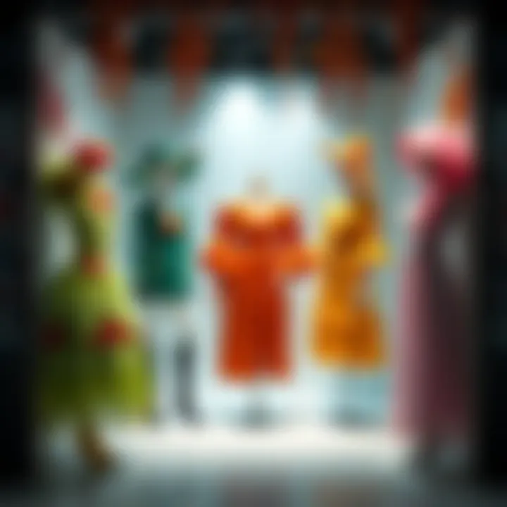 A display of Viviana's costume designs showing vibrant outfits inspired by different seasons, including spring blooms, summer colors, autumn leaves, and winter tones.