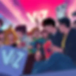 A group of fans eagerly discussing upcoming announcements from Viz, holding posters and merchandise, showing excitement and anticipation.