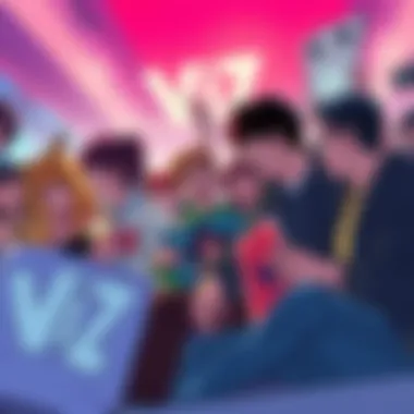 A group of fans eagerly discussing upcoming announcements from Viz, holding posters and merchandise, showing excitement and anticipation.