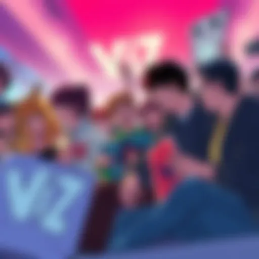 A group of fans eagerly discussing upcoming announcements from Viz, holding posters and merchandise, showing excitement and anticipation.