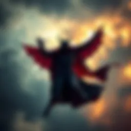 A dark figure representing Vlad, showcasing his powers of flight and mind control, in a dramatic pose against a stormy sky.
