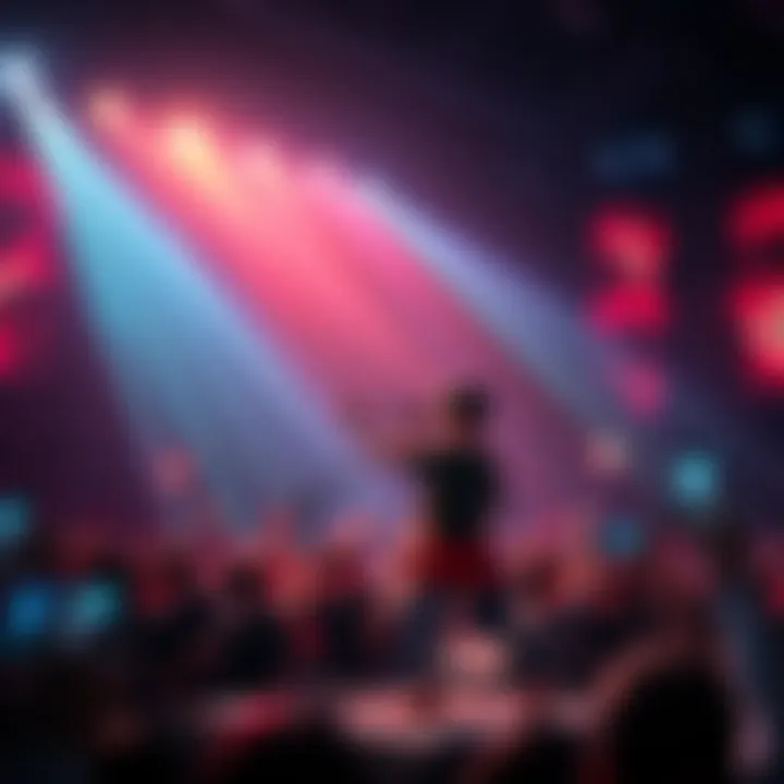 A digital avatar performing music on stage with colorful lights and a vibrant crowd.