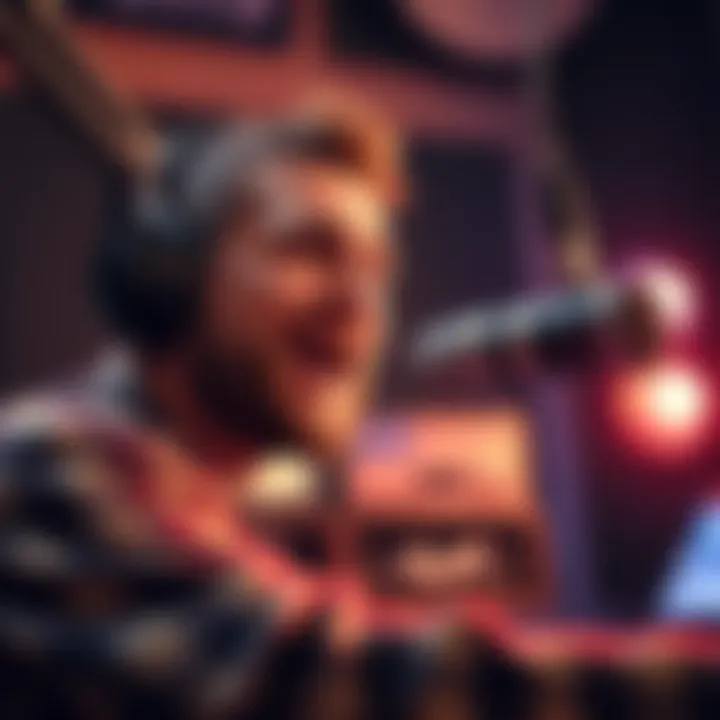 A voice actor in a recording studio, using a microphone and displaying a range of expressions while portraying different characters.