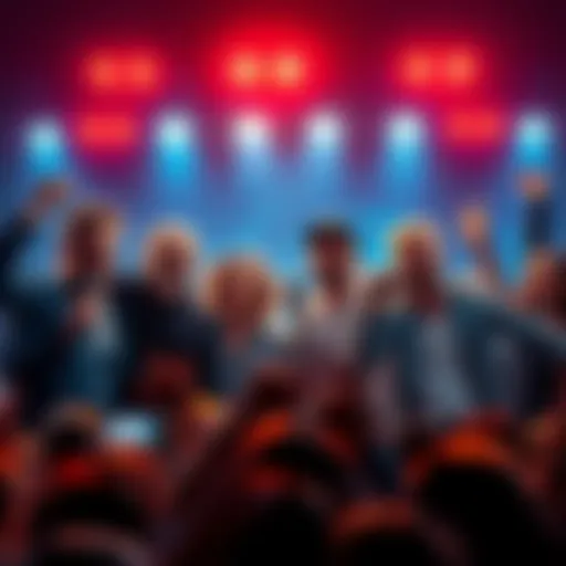 A group of popular voice actors with microphones, engaged in a friendly competition for the coolest voice, surrounded by fans and excitement.
