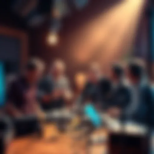 A group of voice actors in a studio setting, working together on a project, surrounded by microphones and sound equipment.