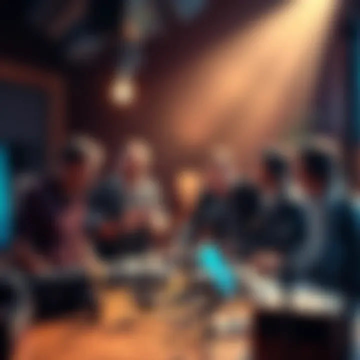 A group of voice actors in a studio setting, working together on a project, surrounded by microphones and sound equipment.