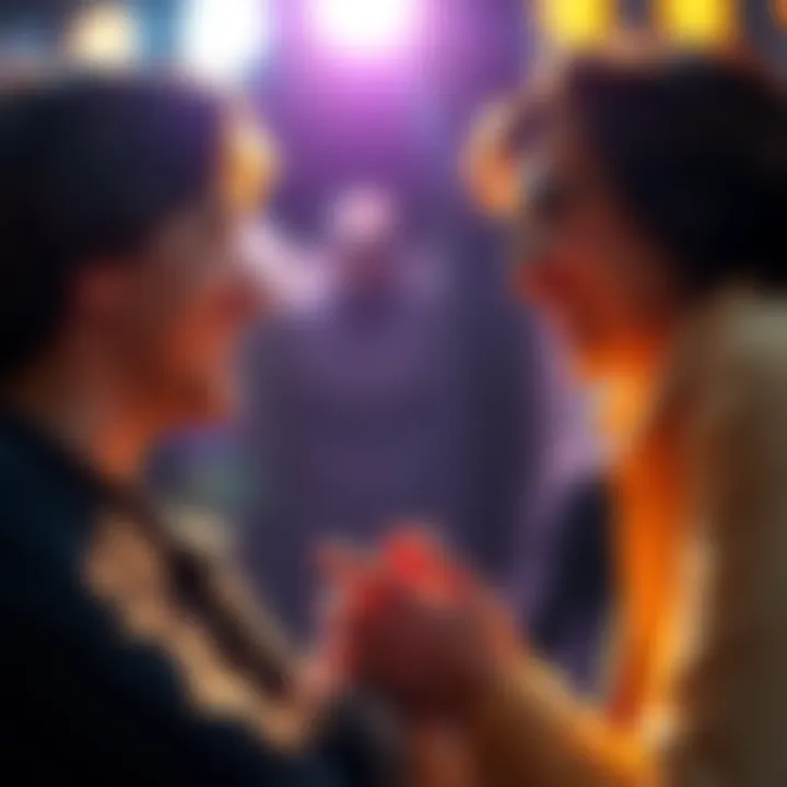 Two voice actors having a friendly conversation with smiles, hinting at a close relationship.