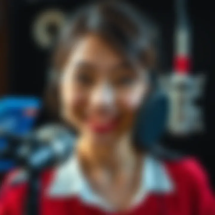 A close-up portrait of a voice actress smiling warmly, with a microphone in front of her, capturing a candid moment in a recording studio.