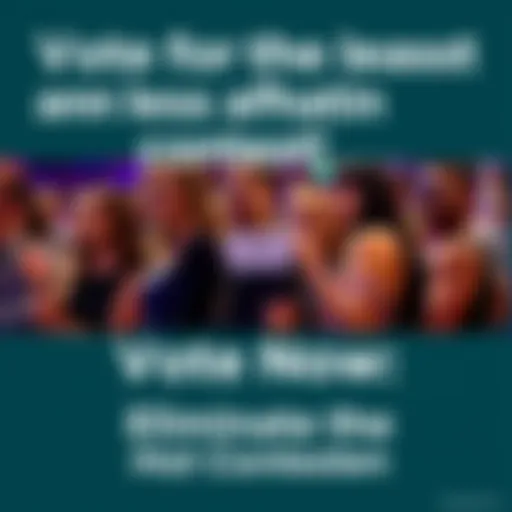 A group of contestants standing together, with one marked as eliminated. People are casting votes in the background.