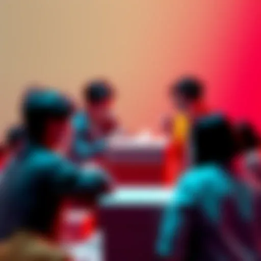 People discussing and voting on community posting rules with ballots and a voting box