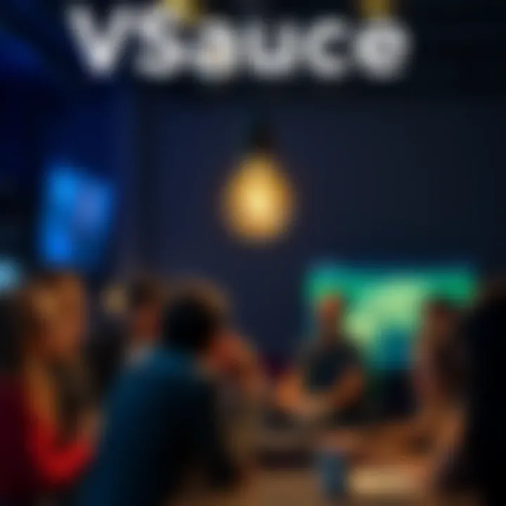 A visual representation of curiosity and learning inspired by Vsauce, showing a light bulb illuminating a diverse group of people engaged in discussion.