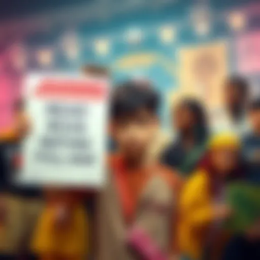 Vtuber bios warning A young artist holding a sign that reads 'Read Bios Before Following!' with various Vtuber characters in the background, emphasizing the need for caution around age-restricted accounts.