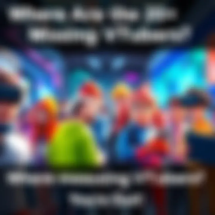 A group of colorful VTuber avatars in a lively digital world, expressing concern as they look around for their missing friends.